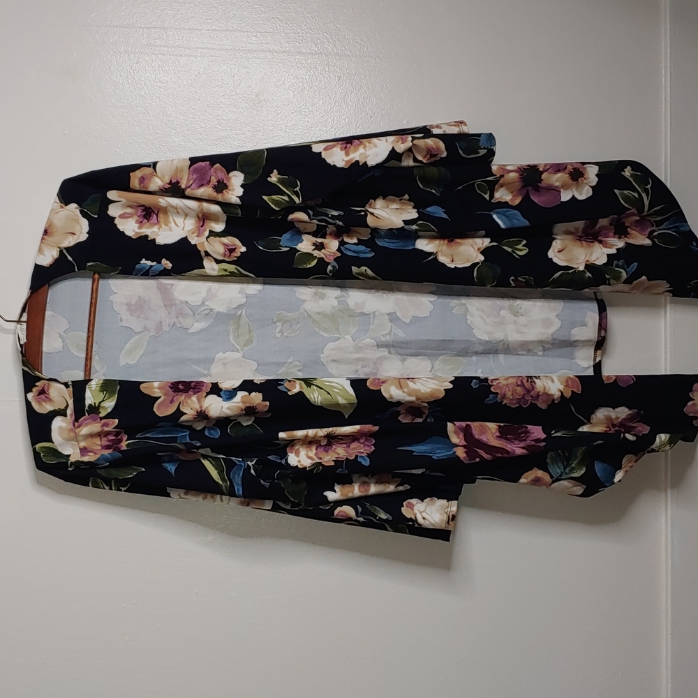 ODDY Black Floral Open-Front Kimono Cardigan with Cream and Purple Flowers